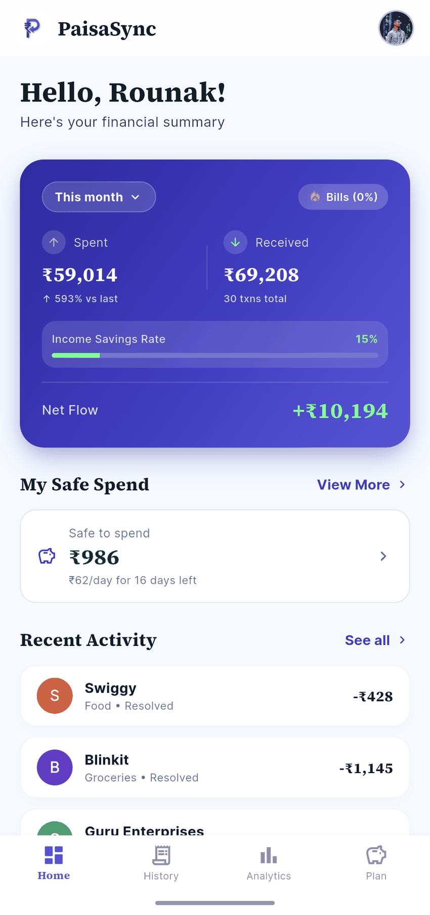 PaisaSync dashboard showing safe-to-spend, net flow and recent transactions