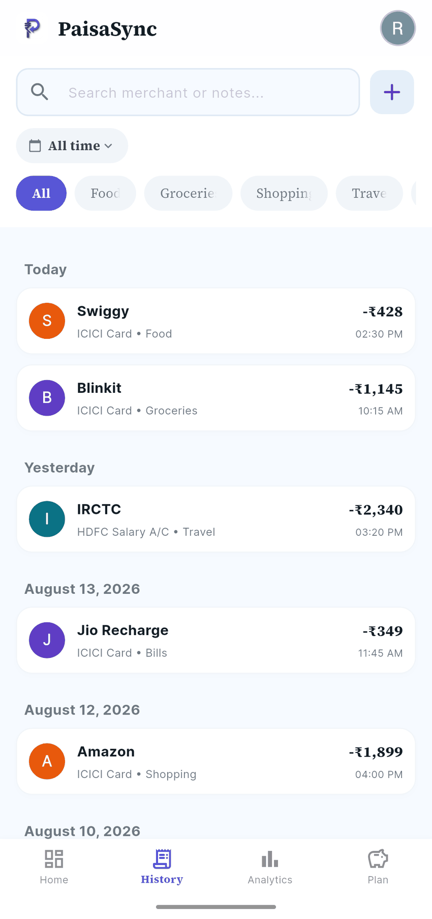 PaisaSync transaction history, grouped by day with category tags
